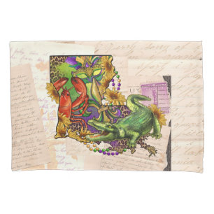 Cajun Louisiana Vintage Map Alligator and Crawfish Pillow Case