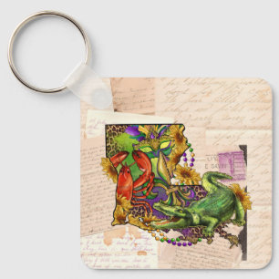 Cajun Louisiana Vintage Map Crawfish and Alligator Keychain