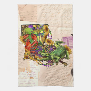Cajun Louisiana Vintage Map Crawfish and Alligator Kitchen Towel