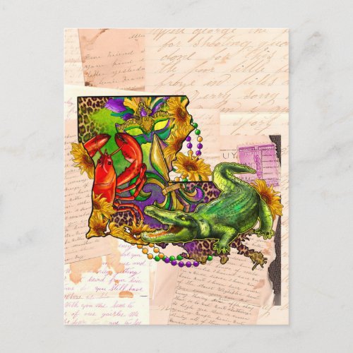 Cajun Louisiana Vintage Map Crawfish and Alligator Postcard