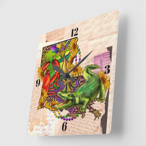 Cajun Louisiana Vintage Map  Square Wall Clock