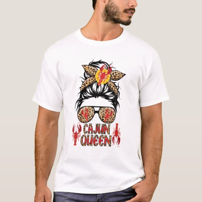 Cajun Queen Crawfish Leoapard Messy Bun Sunglasses T-Shirt (Front)