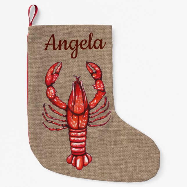 Cajun Watercolor Crawfish & Faux Burlap Small Christmas Stocking (Front)