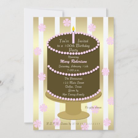 Cake 100th Birthday Party Invitation In Pink