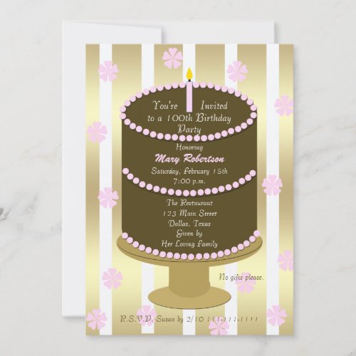 Cake 100th Birthday Party Invitation in Pink