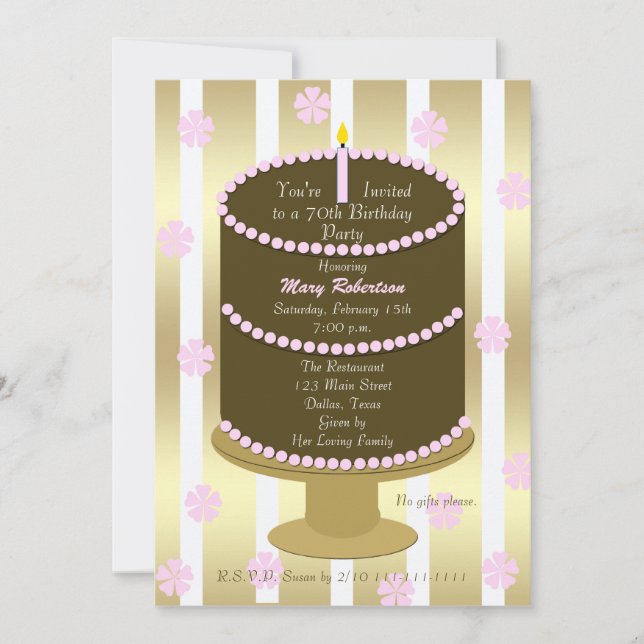 Cake 70th Birthday Party Invitation 70th in Pink (Front)
