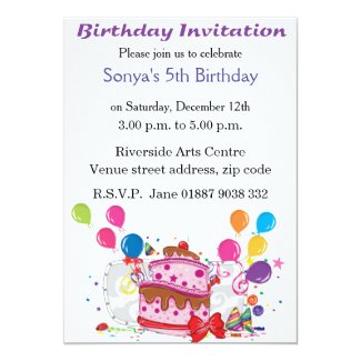 Cake and Balloons Birthday Invitation 5" X 7" Invitation Card