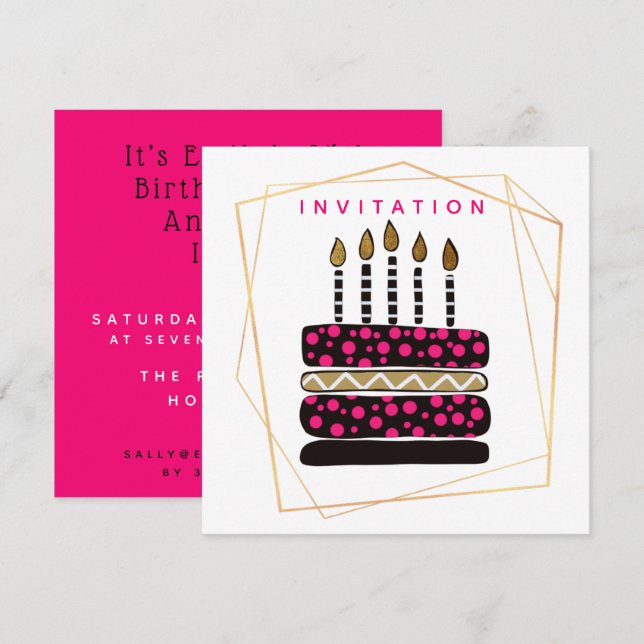 Cake and Candles/Pink Black Gold/Birthday Party Invitation (Front/Back)