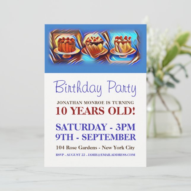 Cake Art Blue Birthday Party Invitation (Standing Front)