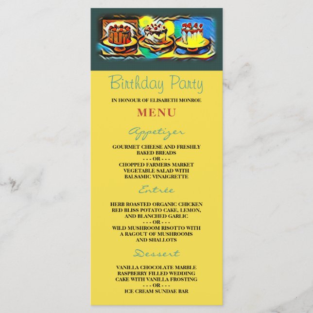 Cake Art Jazz Birthday Party Menu (Front)