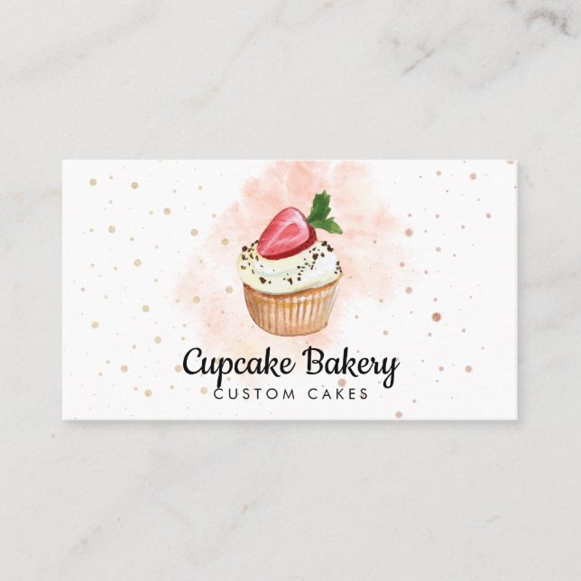 Cake Baker Pastry Watercolor Strawberry Cupcake Business Card (Front)