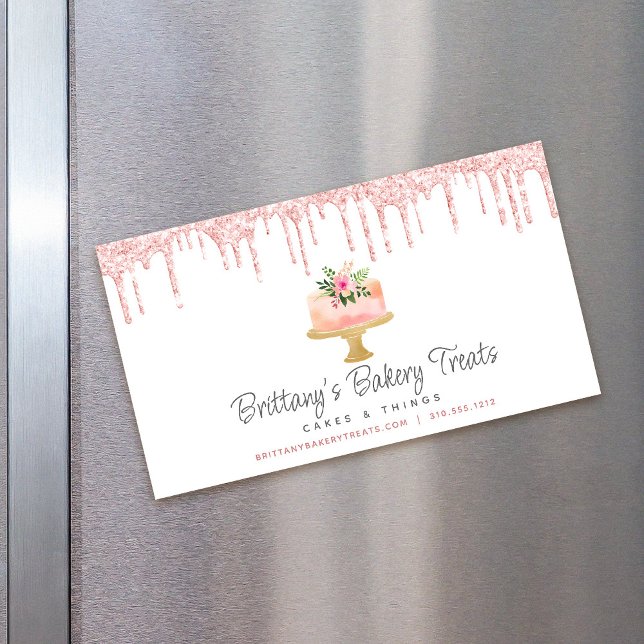 Cake Bakery Blush Pink Glitter Drips Pastry Chef Business Card Magnet (Creator Uploaded)