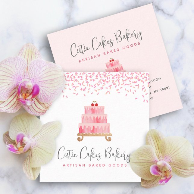 Cake Bakery Blush Pink Sprinkles Pastry Dessert Square Business Card (Creator Uploaded)