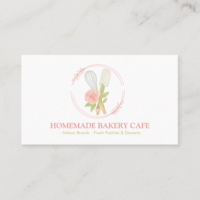Cake Bakery Catering Logo Blush Pink Floral  Business Card (Front)
