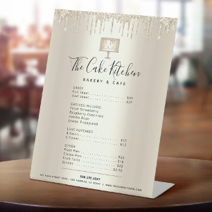 Cake Bakery Chef Gold Glitter Drip Menu Price List Pedestal Sign