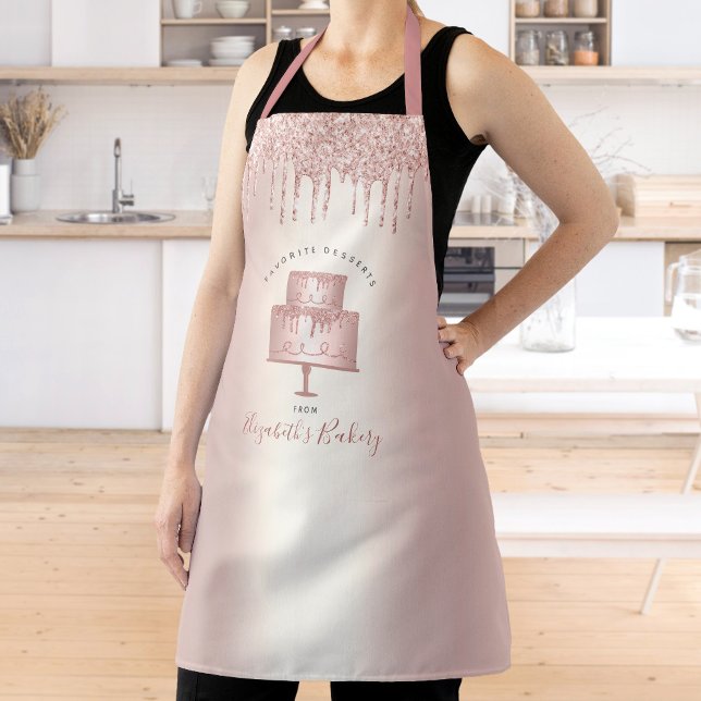 Cake Bakery Chef Rose Gold Glitter Drips Script Apron (Creator Uploaded)