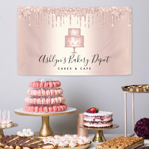 Cake Bakery Chef Rose Gold Glitter Drips Script Banner