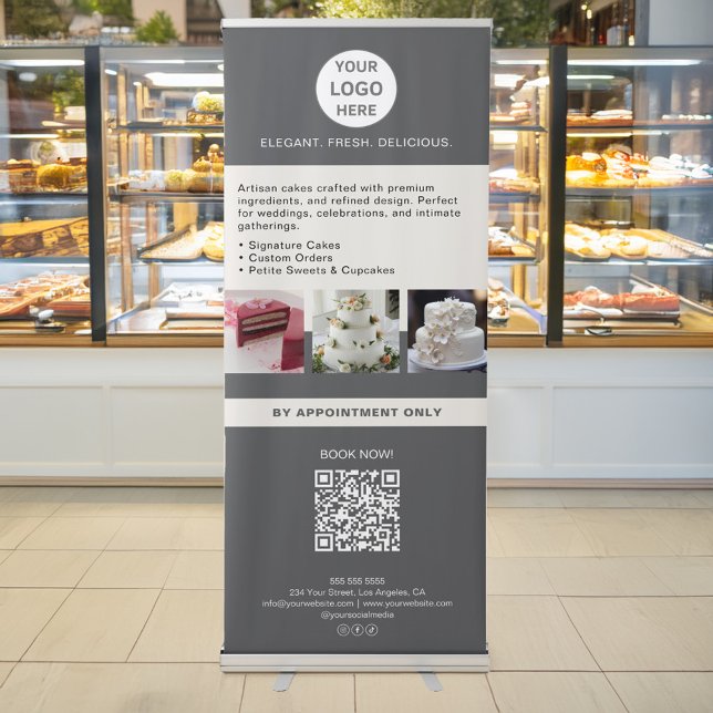 Cake Bakery Custom Logo Photo QR Gray Retractable Banner (Cake Bakery Custom Logo Photo QR Gray Retractable Banner)