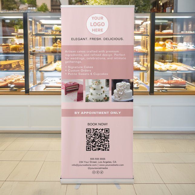Cake Bakery Custom Logo Photo QR Pink Retractable Banner (Cake Bakery Custom Logo Photo QR Pink Retractable Banner)