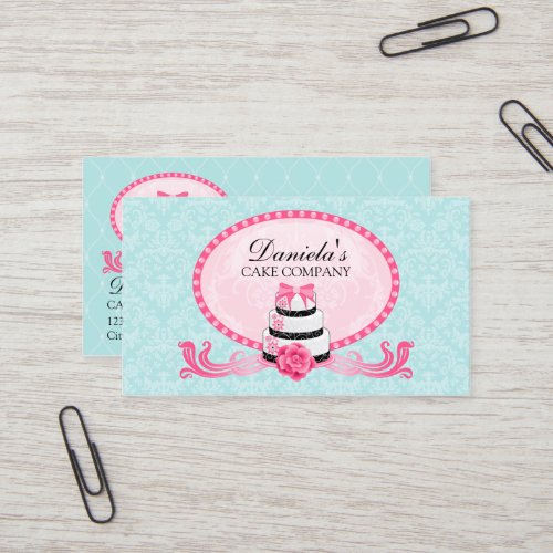 Cake Bakery Damask Aqua Pink Business Cards
