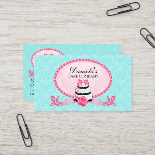 Customizable Cake Bakery Damask Aqua Pink Business Cards