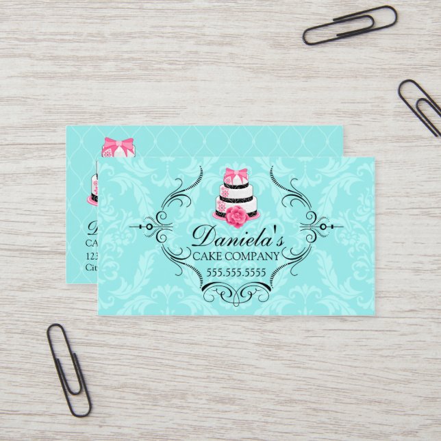 Cake Bakery Damask Aqua Pink Business Card (Front/Back In Situ)
