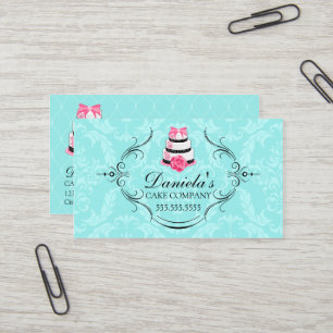 Cake Bakery Damask Aqua Pink Business Card
