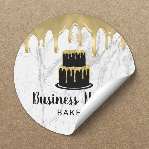 Cake Bakery Gold Drip Icing Modern White Marble Classic Round Sticker