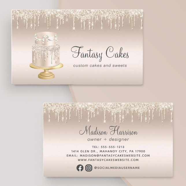 Cake Bakery Gold Glitter Drips Business Card (Creator Uploaded)
