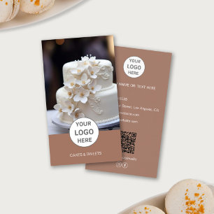 Cake Bakery Logo Photo QR Brown Business Card