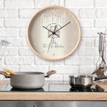 Cake Bakery Pastry Chef Dessert Gold Glitter Drips Large Clock<br><div class="desc">Make a stylish impression with this elegant, sophisticated, simple, and modern custom name wall clock. A sparkly, champagne gold 2 layer cake, script handwritten typography and glitter drips overlay a faux metallic champagne gold ombre background. Personalize with your full name, business, or other info. Your choice of a round or...</div>