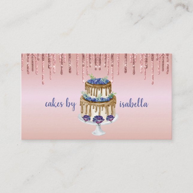 Cake Bakery Pastry Chef Glitter Drips Rose Gold Business Card (Front)