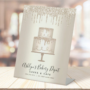 Cake Bakery Pastry Chef Gold Glitter Drips Script Pedestal Sign
