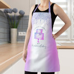 Cake Bakery Pastry Chef Purple Glitter Drip Script Apron<br><div class="desc">Here’s a wonderful way to add to the fun of baking. Add extra sparkle to your culinary adventures whenever you wear this elegant, sophisticated, simple, and modern apron. A sparkly, purple, blue, pink 2 layer cake, calligraphy script handwritten typography and glitter drips overlay a faux metallic purple ombre background. Personalize...</div>