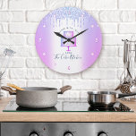 Cake Bakery Pastry Chef Purple Glitter Drips Chic Large Clock<br><div class="desc">Make a stylish impression with this elegant, sophisticated, simple, and modern custom name wall clock. A sparkly, purple, pink, blue 2 layer cake, script handwritten typography and glitter drips overlay a faux metallic purple blue ombre background. Personalize with your full name, business, or other info. Your choice of a round...</div>