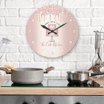 Cake Bakery Pastry Chef Rose Gold Glitter Drips Large Clock<br><div class="desc">Make a stylish impression with this elegant, sophisticated, simple, and modern custom name wall clock. A sparkly, rose gold 2 layer cake, script handwritten typography and glitter drips overlay a faux metallic rose gold ombre background. Personalize with your full name, business, or other info. Your choice of a round or...</div>