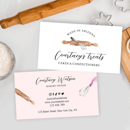 Cake Bakery Pastry Chef Watercolor Whisk Pink Business Card