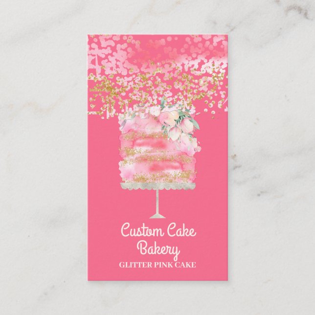 Cake Bakery Pastry Patisserie Pink Sparkle Elegant Business Card (Front)