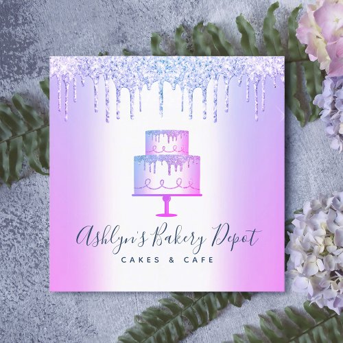 Cake Bakery Purple Glitter Drip Pastry Chef Luxury Square Business Card