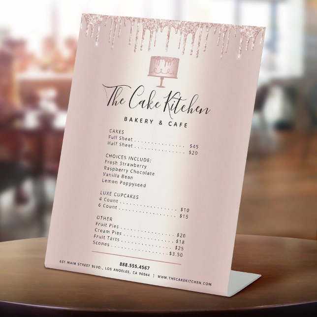 Cake Bakery Rose Gold Glitter Drip Menu Price List Pedestal Sign (Creator Uploaded)