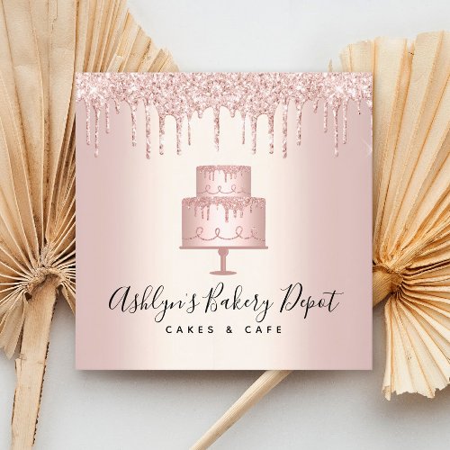 Cake Bakery Rose Gold Glitter Drips Pastry Chef Square Business Card