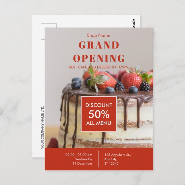 Cake Bakery Small Business Grand Opening  Postcard (Front/Back)