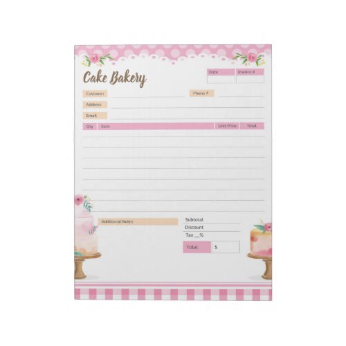 Cake Bakery Theme Order Form and Invoice Notepad
