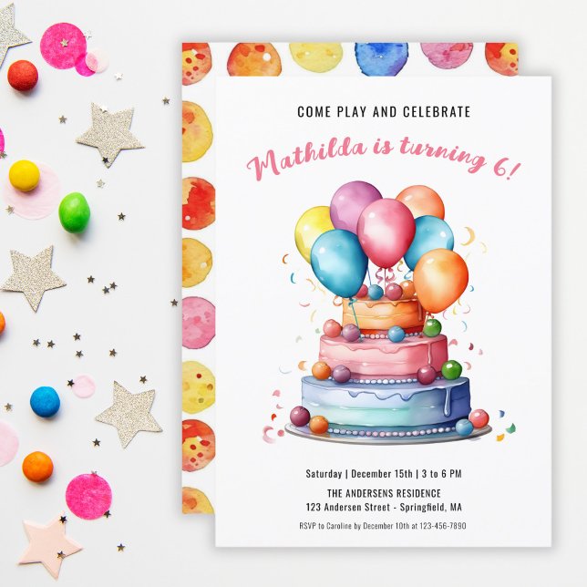 Cake Balloons Rainbow Girls Birthday Party Invitation (Cake Balloons Rainbow Girls Birthday Party Invitation)