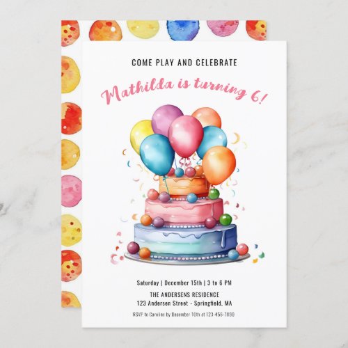 Cake Balloons Rainbow Watercolor Girls Birthday Invitation