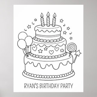 Cake Birthday Party Coloring Poster