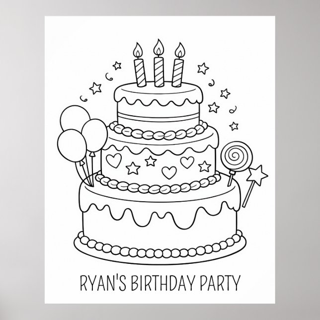 Cake Birthday Party Coloring Poster (Front)