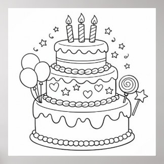 Cake Birthday Party Coloring Poster