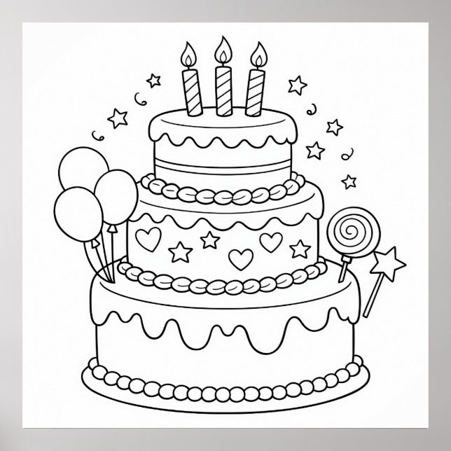 Cake Birthday Party Coloring Poster (Front)