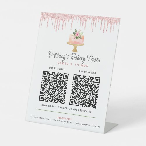 Cake Blush Pink 2 QR Code Pay Here Bakery Glitter Pedestal Sign